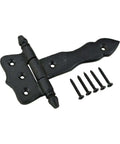 5 Inch Black Wrought Iron Antique Style Barn Door Hinge Set With Hardware Pack Of 4, shown with screws, Rustic Colonial Black Finish.