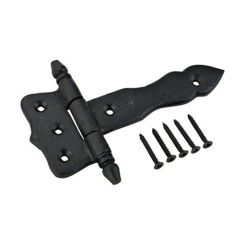 5 Inch Black Wrought Iron Antique Style Barn Door Hinge Set With Hardware Pack Of 4, shown with screws, Rustic Colonial Black Finish.