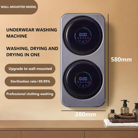 Compact 2-In-1 Mini Washer And Dryer, 3.5 Liter Wall Mounted Laundry System With Digital Touch Screen, sleek design with dimensions.