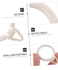 Diagram of Plastic Roman Curtain Rings 48 Pack with Smooth Glide showing features: no burr, rotate freely, small and portable.