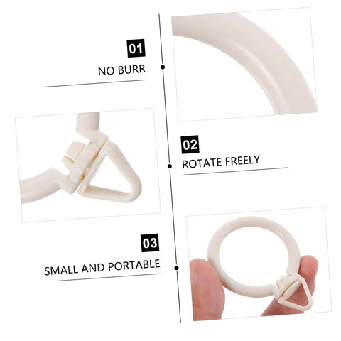 Diagram of Plastic Roman Curtain Rings 48 Pack with Smooth Glide showing features: no burr, rotate freely, small and portable.