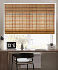 Natural Bamboo Roman Shades With Valance, Light Filtering Woven Bamboo Blinds For Windows, Roll Up Shade For Easy Privacy And Light Control, 21W X 64H Inches, Light Russet Finish, Durable Home And Patio Decor installed on window