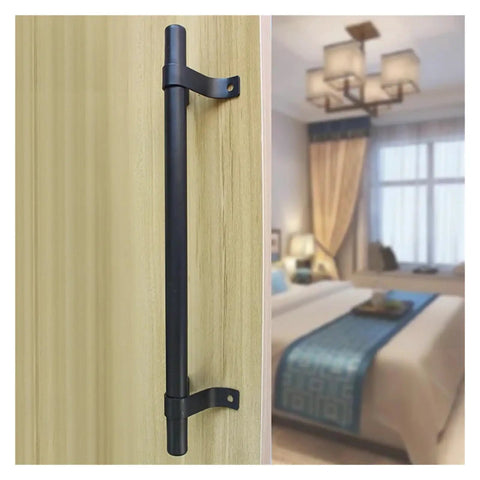 Rustic Barn Door Handle Set Black Carbon Steel Heavy Duty Sliding Pull Knob Hardware For Wood Doors And Gates, Vintage Style Barn Gate Pulls, Built To Last Iron Construction, Easy Install. Black iron barn door handle on wood panel, 196mm