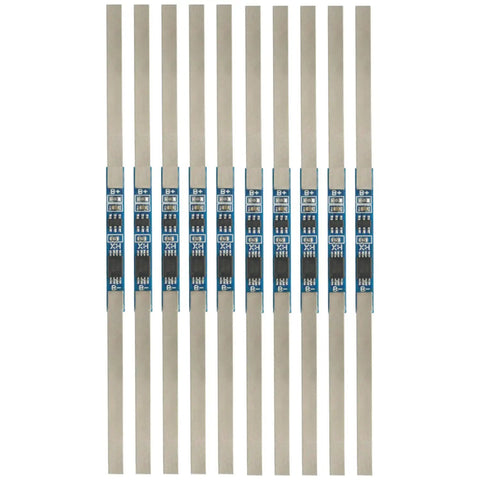 Rock Solid 10 Pack Of 1S 3.7V 3A Bms Protection Boards For 18650 Li Ion Cells displayed in a row, showcasing design for DIY tech builds.