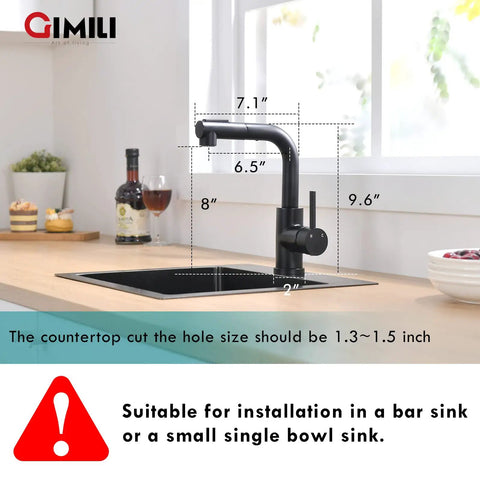 Modern Bar Sink Faucet With Pull Out Sprayer, Single Handle, Matte Black Kitchen Faucet With Joystick Control, Hot And Cold Water, Fits Standard 1.8 Inch Hole, Ideal For Bar Or Prep Sink And Small Kitchens.