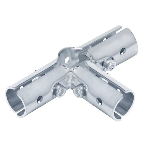 12 Pack Rock Solid Four Way Cross Emt Conduit Connector And One Half Inch Electrical Pipe Clamp Fitting With No Sweat Bolt Kit Low Carbon Steel And Durable Blue Coating For Easy Wiring Installations close-up of metal conduit connector