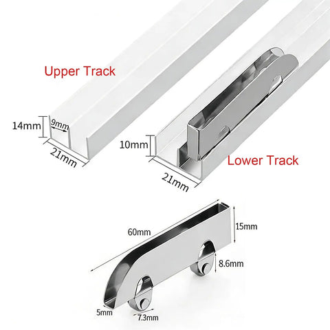 Heavy Duty Sliding Barn Door Hardware Kit With Dead Silent Rollers And Sturdy Aluminum Track Glides Like Magic For Closets And Space Dividers Super Fast Setup At Forty Seven Inches with upper and lower tracks shown.