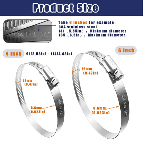 Image showing Six Piece Adjustable Stainless Steel Duct Clamp Set For Air Ducting 4 Inch And 6 Inch Pipe Clamps with size and material.