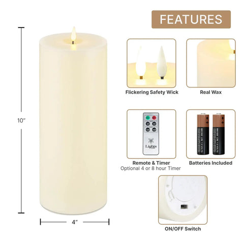 Flameless Pillar Candles With Remote Real Marble Wax 3 Pack 3 Inch Diameter Pillars 3D Flickering LED Flame Batteries Included Cozy Thanksgiving Table Decor, showing dimensions and remote features