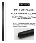 Image of a black painted 3/4 inch by 30 inch steel pipe with threading, part of a six pack for DIY industrial shelving.
