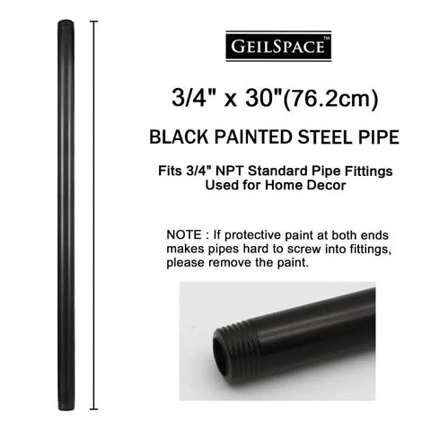 Image of a black painted 3/4 inch by 30 inch steel pipe with threading, part of a six pack for DIY industrial shelving.