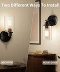 Modern Black Wall Sconce With Sleek Led Fixtures Compact Indoor Lighting Perfect For Bedroom Bathroom Or Hallway Decor showcasing two installation options.