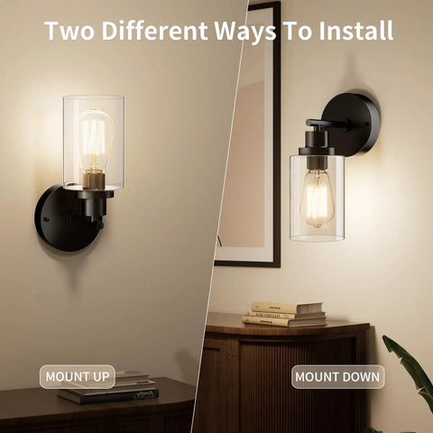 Modern Black Wall Sconce With Sleek Led Fixtures Compact Indoor Lighting Perfect For Bedroom Bathroom Or Hallway Decor showcasing two installation options.
