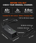 Diagram of 42V 2A Electric Scooter Charger For Gotrax And More Universal 36V Lithium Battery Charger with cable dimensions