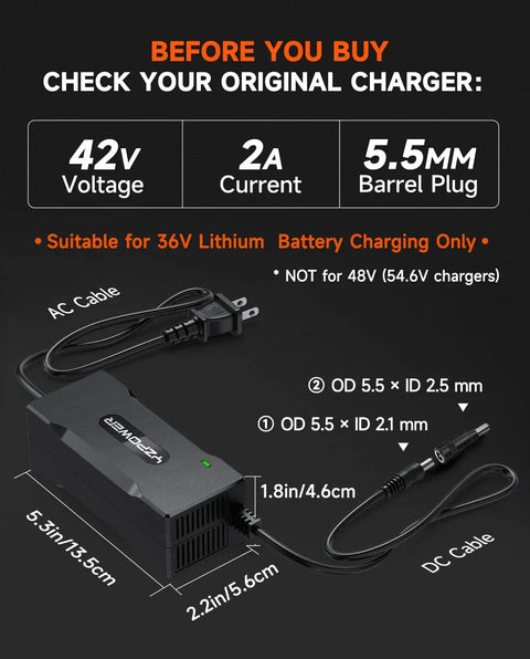 Diagram of 42V 2A Electric Scooter Charger For Gotrax And More Universal 36V Lithium Battery Charger with cable dimensions