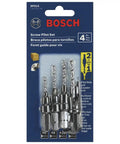 Front view of Bosch Screw Pilot Set packaging with four drill bits visible, suitable for precise pilot holes and countersinking.