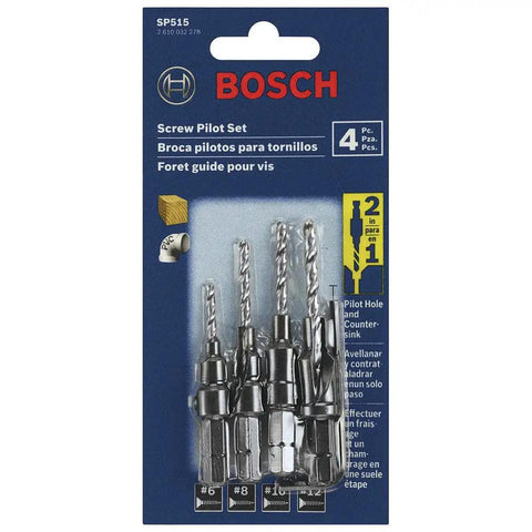 Front view of Bosch Screw Pilot Set packaging with four drill bits visible, suitable for precise pilot holes and countersinking.