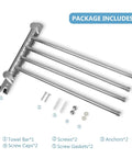 Package contents of Four Arm Swivel Towel Rack Wall Mount For Bathroom And Kitchen Stainless Steel Rustproof Space Saver with parts shown.