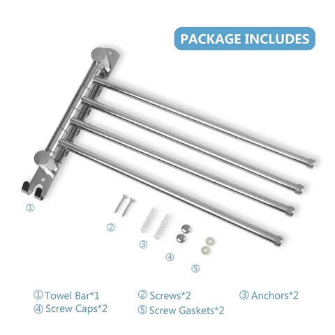 Package contents of Four Arm Swivel Towel Rack Wall Mount For Bathroom And Kitchen Stainless Steel Rustproof Space Saver with parts shown.