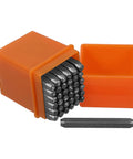 37 Piece Metal Stamping Kit With Letter And Number Punches for wood, plastic and heart symbols, orange box with tools visible