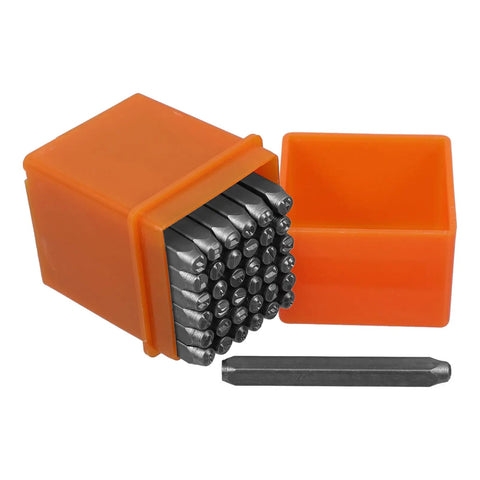 37 Piece Metal Stamping Kit With Letter And Number Punches for wood, plastic and heart symbols, orange box with tools visible