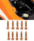 Close-up of Anodized Aluminum Self Tapping Screws Kit, 10 Pieces, Fits 125 150 200 EXC XC SXF EXCF XCF Motorcycles, Orange