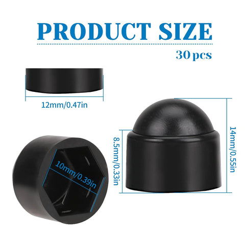 Dimensions of the 30 Piece M6x10mm Dome Plastic Bolt Cap Set For Hex Head Bolts And Nuts with hexagonal dome design.