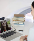 Straight Fire Top Tier HD Webcam Featuring Quick Release Privacy Shutters 1080P Full HD in use during a video call on a laptop.