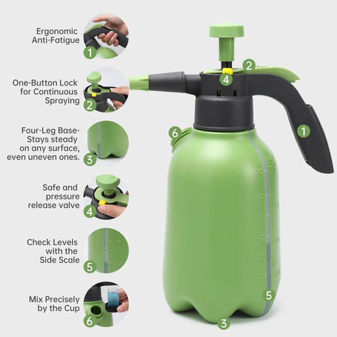 Half Gallon Garden Pump Sprayer With Adjustable Nozzle For Plants, Lawn And Yard, showing features like lock and pressure valve