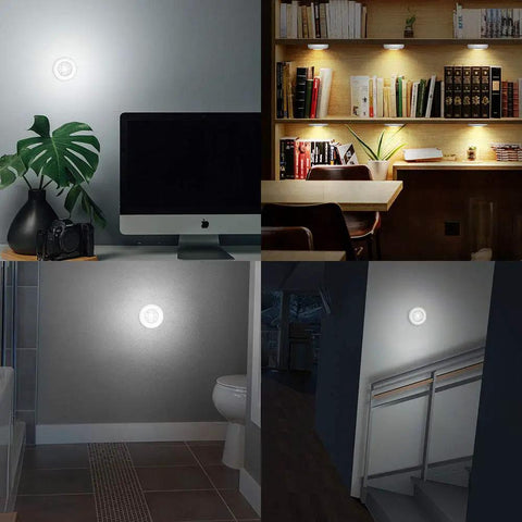 Six Pack Portable LED Puck Tap Lights Battery Operated Night Lights For Cabinets Closets Under Cabinet Lighting Kitchens Pantries And More Indoors And Outdoors Dope illuminating various indoor spaces.