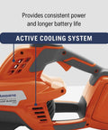 Close-up of the Leaf Blaster 350iB Cordless Leaf Blower Kit with 200 MPH 800 CFM brushless motor, showing active cooling system.