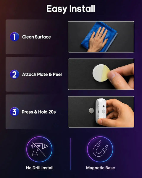 Step-by-step installation guide for GOODEA RGB Wall Sconce, showcasing cleaning surface and magnetic base.