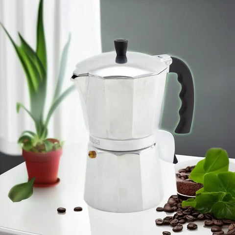 Stovetop Cast Aluminum 9 Cup Moka Pot Coffee Maker For Classic Cuban Italian Espresso Style Coffee on white table