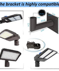 90 Degree L Shaped Wall Mount Bracket For Outdoor LED Lights Tenon Adaptor shown with various LED light fixtures, dimensions labeled.