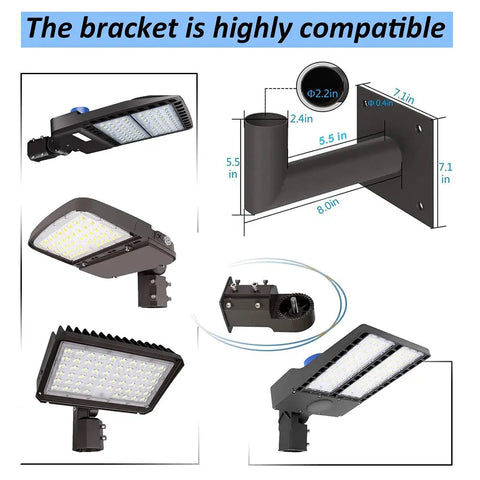 90 Degree L Shaped Wall Mount Bracket For Outdoor LED Lights Tenon Adaptor shown with various LED light fixtures, dimensions labeled.