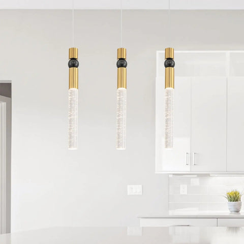 Mini Crystal Pendant Light With Dimmable LED Bulb For Kitchen Island And Bathroom Black Gold Finish Featuring Bubble Crystal Cylinder And Sleek Modern Low Profile Design For Dope Ambient Lighting