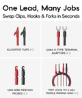 Silicone Multimeter Test Lead Kit With 40 Inch Leads And Back Probe Probes, showing alligator clips, U-type adapters, wire probes, banana leads