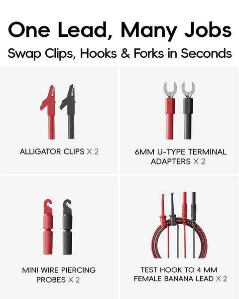Silicone Multimeter Test Lead Kit With 40 Inch Leads And Back Probe Probes, showing alligator clips, U-type adapters, wire probes, banana leads