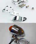 Chrome metal motorcycle turn-signal light mounting bracket kit with 30–45mm clamp and screws (Amazon)
