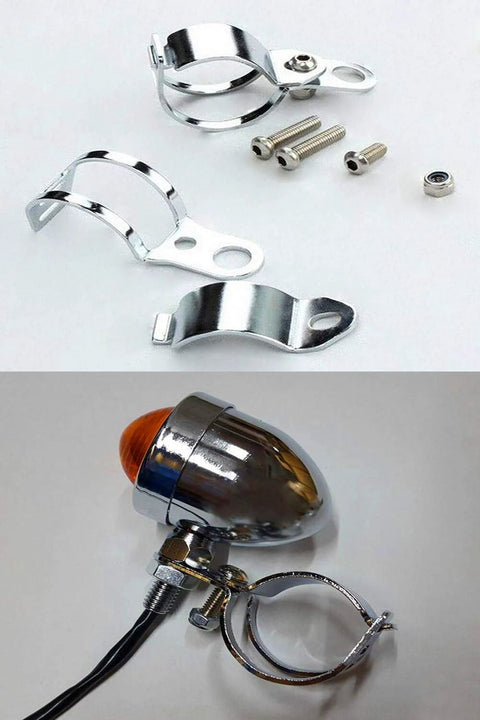 Chrome metal motorcycle turn-signal light mounting bracket kit with 30–45mm clamp and screws (Amazon)