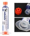 DIY Friendly UV Curing Solder Paste For PCB Repairs, Non Clean Flux, syringe close-up with orange cap, 10cc capacity