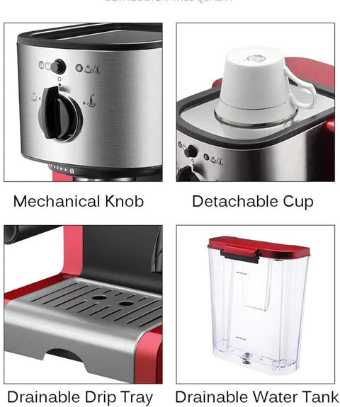 Italian Style Automatic Espresso Machine For Home Use With 15 Bar Pressure Steam Milk Frother Two Cup Capacity 1350W Power And Durable PP Construction Delivers Barista Grade Flavor And Quick Brew Every Time featuring mechanical knob, detachable cup, drainable drip tray and water tank.