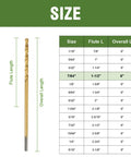 Size chart for High Rated 7/64 X 6 Inch Extra Long Drill Bits 6 Pack Titanium Coated M2 with dimensions listed clearly.