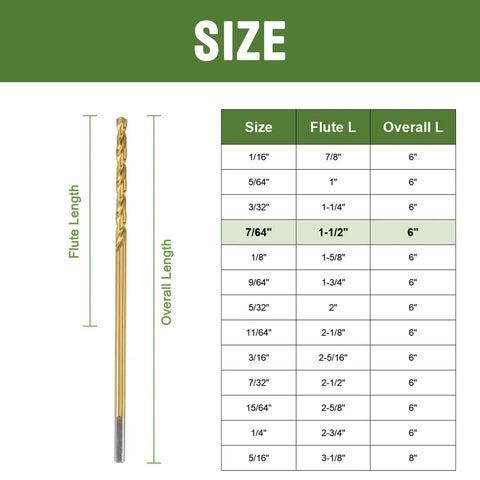 Size chart for High Rated 7/64 X 6 Inch Extra Long Drill Bits 6 Pack Titanium Coated M2 with dimensions listed clearly.