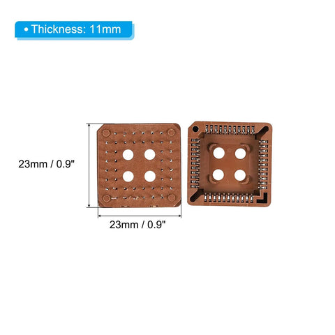 Top view of PLCC44P IC Socket 44 Pin 2.54mm Pitch DIP Through Hole Mount Sockets, dimensions marked 23x23x11mm, brown material.