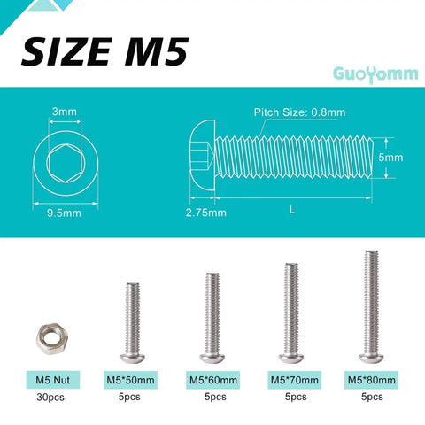 Diagram of M5 Button Head Socket Cap Screws Set 50 Pcs Stainless Steel 304 Pro Grade Fully Threaded With Nuts 50mm 60mm 70mm 80mm