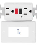 Heavy Hit Smart GFCI Outlet With Built Tough Safety Shutters And Slick 15 Amp 120 V Wall Socket with screws and cover plate.