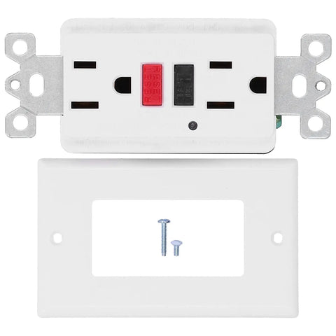 Heavy Hit Smart GFCI Outlet With Built Tough Safety Shutters And Slick 15 Amp 120 V Wall Socket with screws and cover plate.