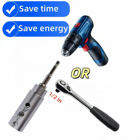 Rock Solid One Inch Drive Trailer Jack Drill Adapter For Up To Twelve Thousand Pound Rigs Works With Standard Cordless Or Gas Drills Up To Five Hundred RPM Easy Install For Big Rig Owners And Weekend Warriors with drill and ratchet.