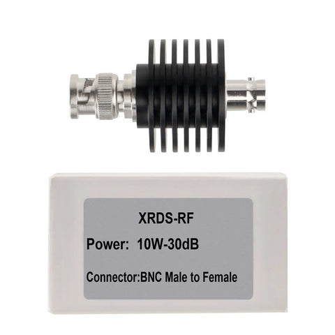 Beefy High Power RF Coax Attenuator 30dB BNC Male To Female 50 Ohm 10W Heavy Duty Signal Reduction shown with label XRDS-RF